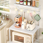 Kitchen Bakers Rack with Storage Shelves, Small Coffee Bar Cart with 8 Hooks, 4 Tiers Microwave Stand Station with Adjustable Shelves, Freestanding Kitchen Appliance Organizer, White