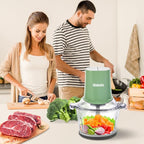 Food Processors with 2 Bowls, 400W Meat Grinder, Food Chopper Electric, 2 Speed, 8Cup Glass and 8Cup 304 Stainless Steel, 2 Blades, Spatula Green