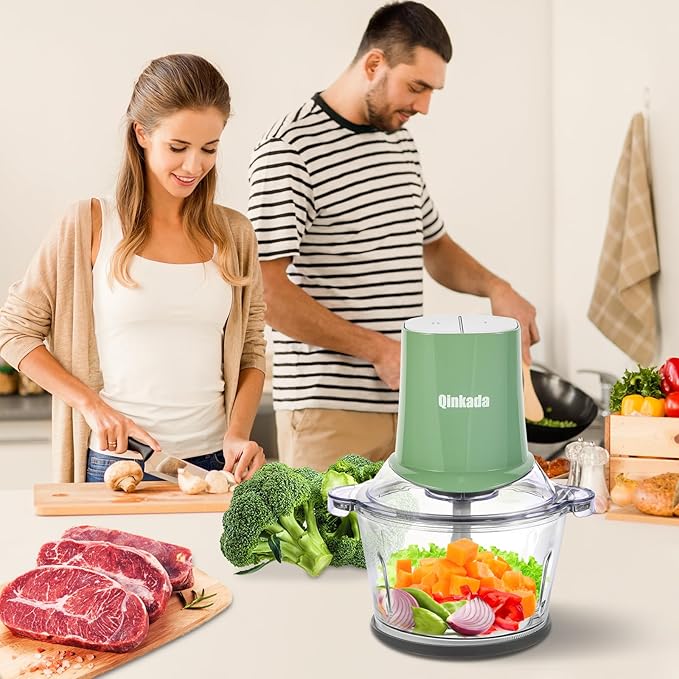 Food Processors with 2 Bowls, 400W Meat Grinder, Food Chopper Electric, 2 Speed, 8Cup Glass and 8Cup 304 Stainless Steel, 2 Blades, Spatula Green