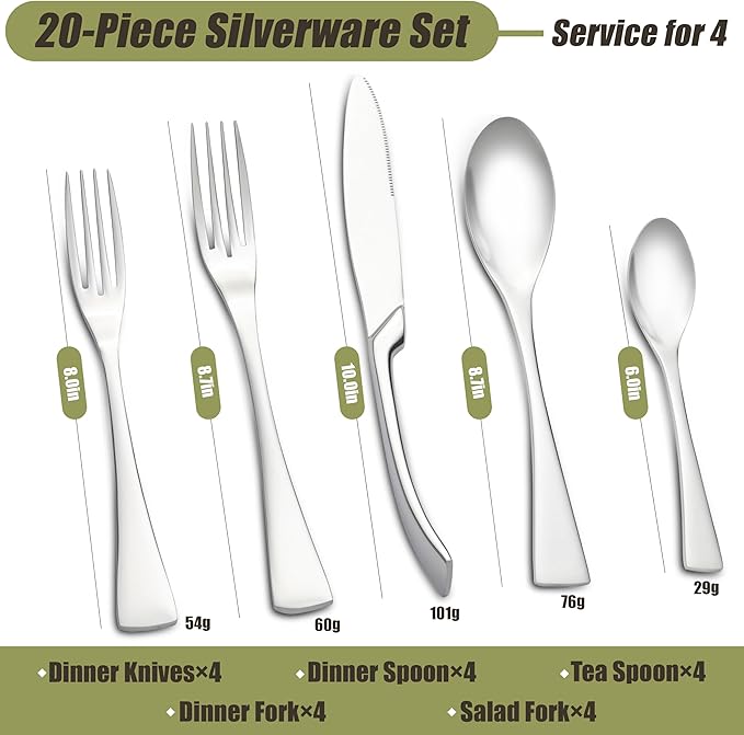 20-Piece Silverware Set for 4, Stainless Steel Flatware Set Food-Grade Silverware Cutlery Set, Include Knife/Fork/Spoon, Mirror Polished, Dishwasher Safe