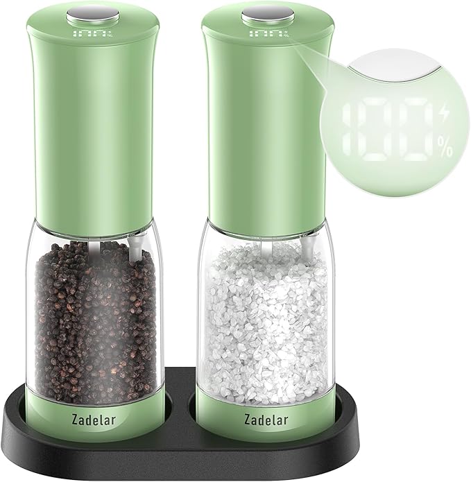 Electric Salt and Pepper Grinder Set with LED Power Display,Larger Capacity Salt and Pepper Shakers Set Rechargeable Electric with Flexible Coarsenes,LED Light,One Hand Operation for Kitchen(Green)