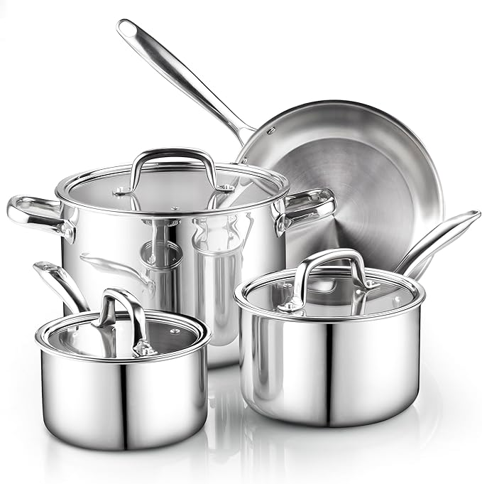 Cook N Home 7-Piece Tri-Ply Clad Stainless Steel Cookware Set, Pots and Pans Kitchen Set with Tempered Glass Lids, Induction-Ready, Dishwasher-Safe, Silver