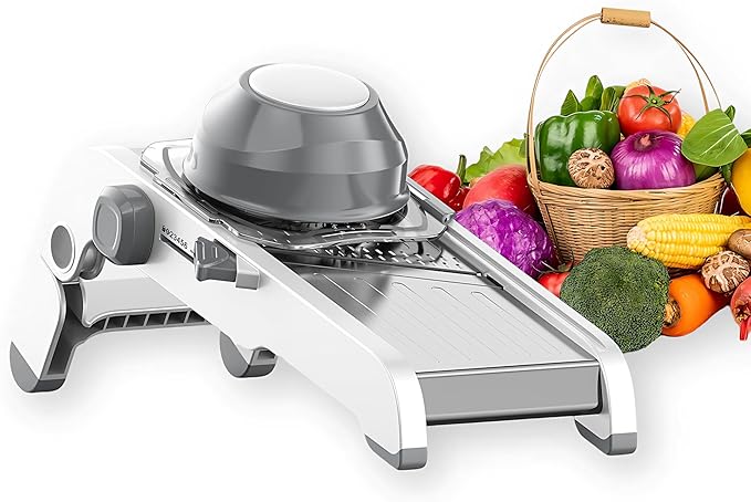 Adjustable Mandoline Slicer - Ultra-Sharp Stainless Steel Blades, Safe Hand Guard, Adjustable Thickness for Fast & Precise Slicing of Vegetables, Fruits & More (Gray)
