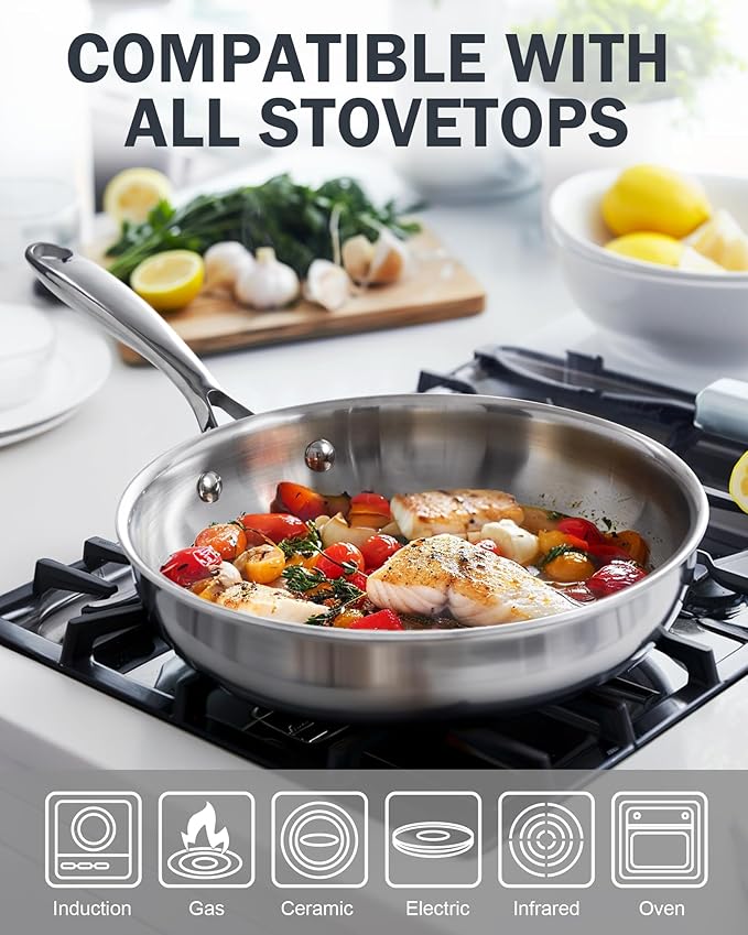 Cooks Standard Stainless Steel Frying Pan 12 Inch, Multi-Ply Full Clad Wok Stir-Fry Cooking Skillet Pans with Dome Lid, Stay-Cool Handle, Dishwasher Safe, Oven Safe 500°F, Silver