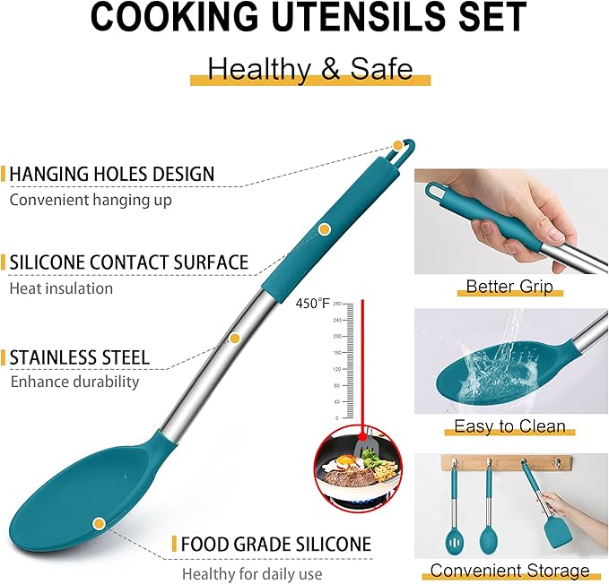 Silicone Cooking Utensils Set, E-far 14-Piece Blue Kitchen Utensils Set with Holder, Kitchen Tools Spatulas with Stainless Steel Handle for Non-stick Cookware, Heat Resistant & Dishwasher safe