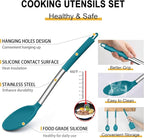 Silicone Cooking Utensils Set, E-far 14-Piece Blue Kitchen Utensils Set with Holder, Kitchen Tools Spatulas with Stainless Steel Handle for Non-stick Cookware, Heat Resistant & Dishwasher safe