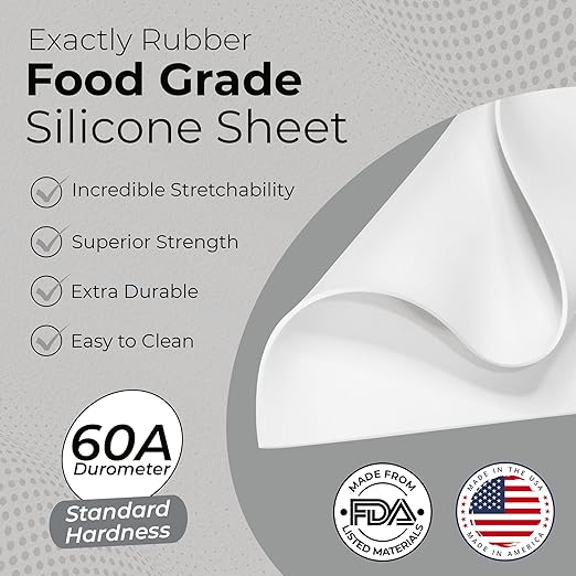 Exactly Rubber - White Silicone Sheet, 60A Durometer Silicone Mat, Food-Grade Rubber Mat with -80 to 450°F Temperature Resistance, 400% Elongation, Silicone Placemat Made in The USA, 1/16 x 12” x 36”