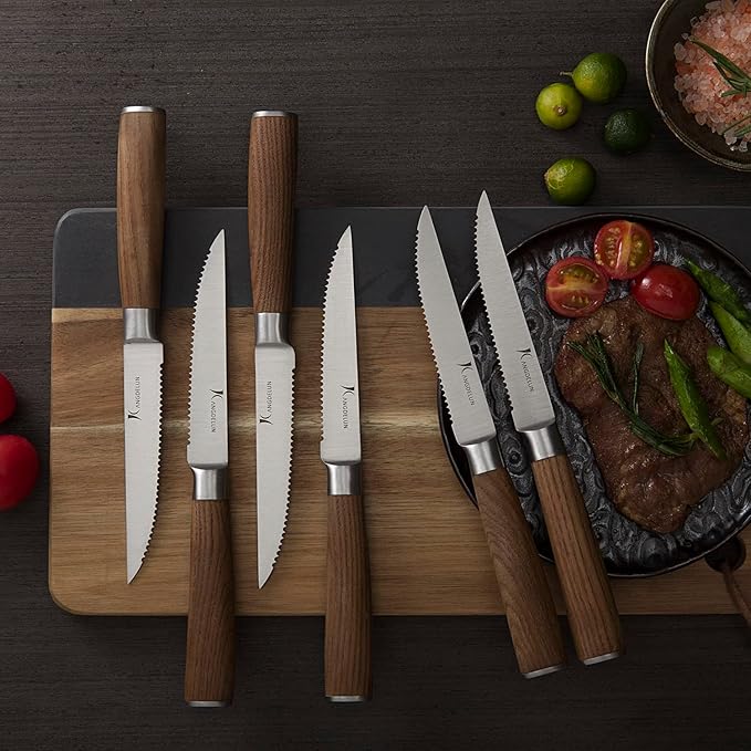 Natura Series 4.5” Serrated Steak Knife Set of 8, High Carbon Stainless Steel, Wooden Handle