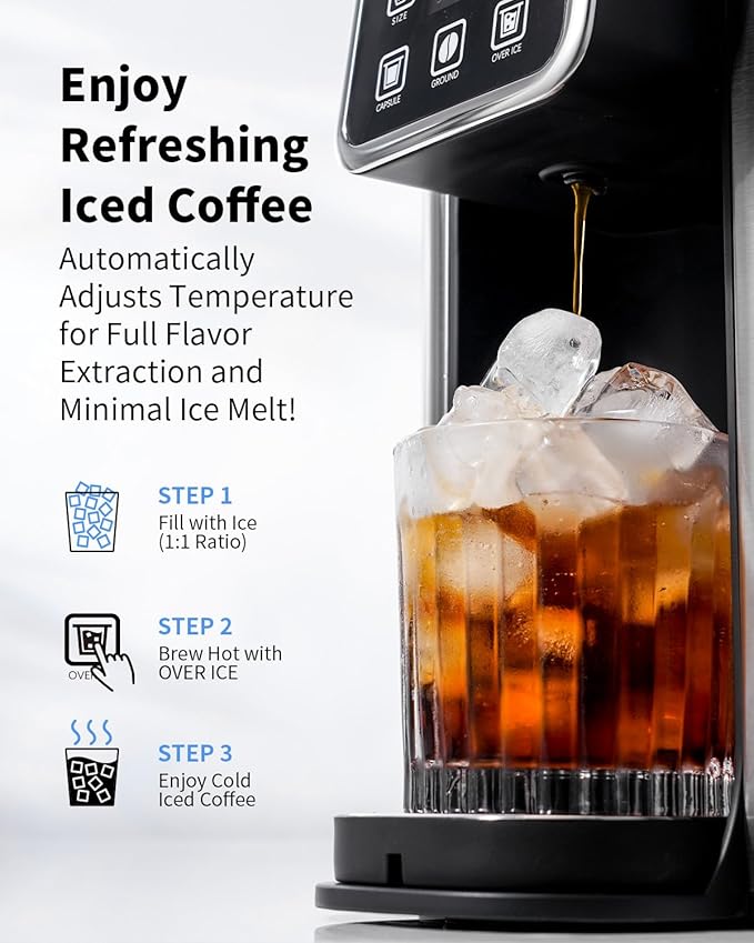 Hot & Iced Coffee Maker with Bold Setting, Single Serve Coffee Maker for K Cup and Grounds, 6-14 Oz Brew Sizes, 50 Oz Removable Water Tank, One Cup Coffee Machine with Reusable Filter, Black