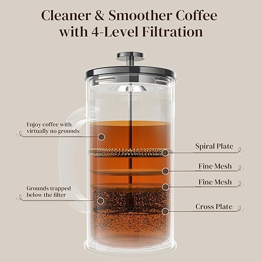 Veken French Press Coffee Maker 34oz 1 L, Heat Resistant Thickened Borosilicate Glass, No Plastic Touching Cafe, Stainless Steel Brewer,Cold Brew Cafetera Teapot for Kitchen Travel Camping,Dark Pewter