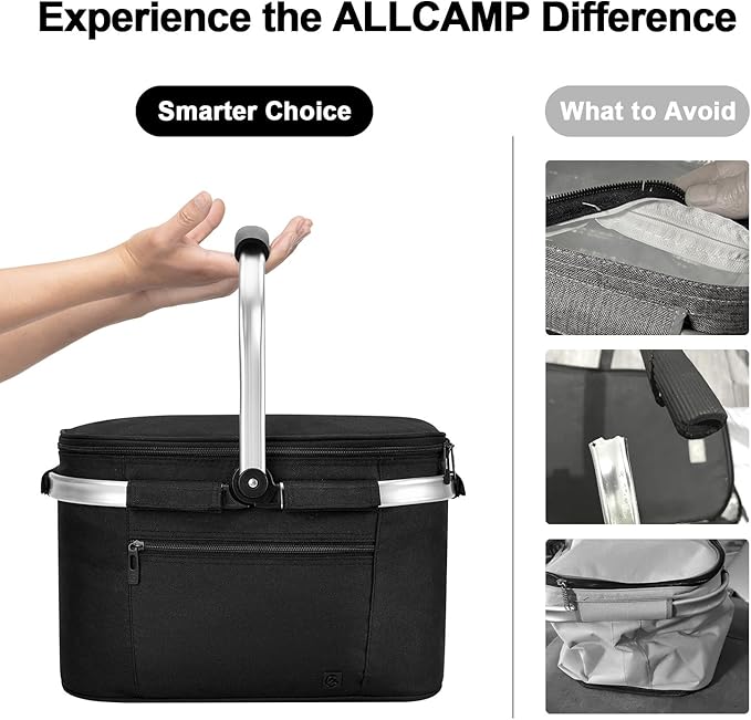 ALLCAMP OUTDOOR GEAR Insulated Cooler Bag Collapsible Portable Picnic Basket Cooler W/ Sewn in Frame (Medium Jet Black)