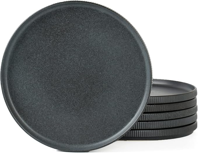 famiware Star Dinner Plates for 6, 10 inches Plate Set, Scratch Resistant, Stoneware Dinnerware, Kitchen Modern Rustic Serving Dishes, Matte Dark Charcoal (Full Glaze)