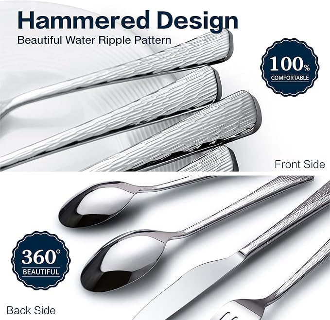 KINGSTONE Hammered Silverware Set, Flatware Set, 18/10 Stainless Steel Premium Cutlery with Unique Ripple Handles Design Mirror Polished - Dishwasher Safe (40-Piece)