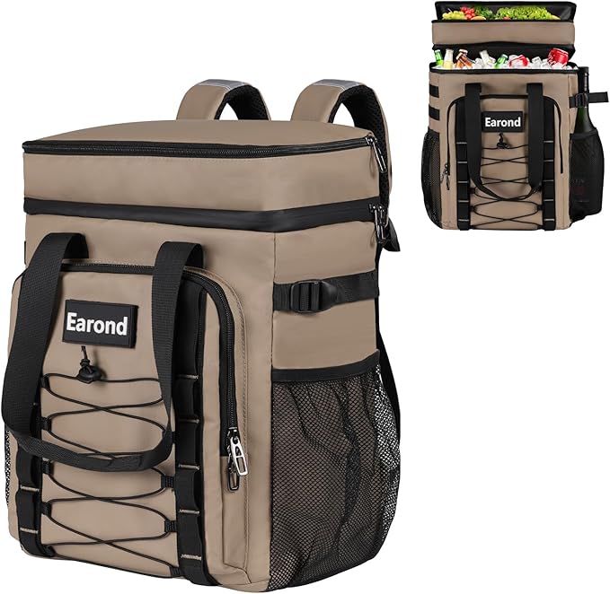 25L Insulated Cooler Backpack with Waterproof Zipper & Multi-Compartment Design Leakproof Lunch Bag for Beach, Camping, Office - Spacious Thermal Light-Weight Backpack for Men and Women-Khaki