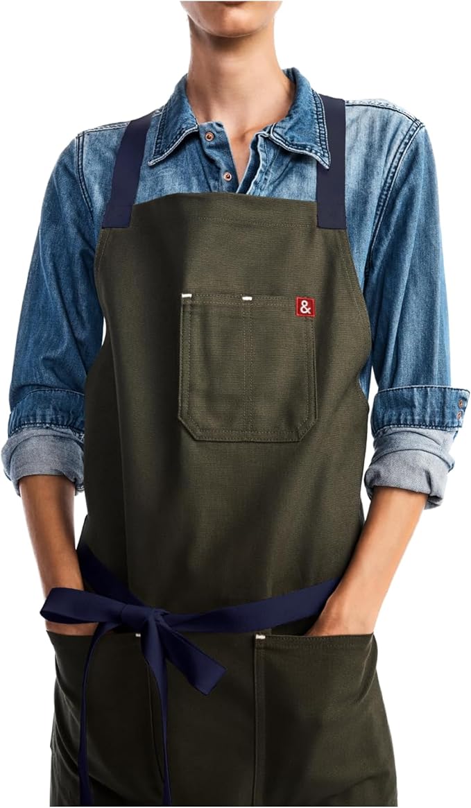 hedley & bennett Crossback Apron - Crossback Chef Apron with Pockets - 100% Cotton Canvas, 8oz - Olive Green