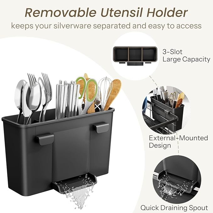 Dish Drying Rack - Small Dish Rack for Kitchen Counter, Stainless Steel Dish Drainer with Utensil Holder and Drainboard (Black)