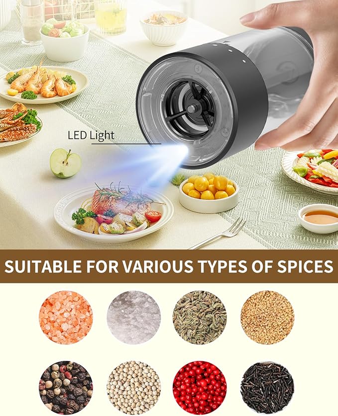 CIRCLE JOY Electric Salt and Pepper Grinder Set Automatic Salt and Pepper Grinder Set with Charging Base and White LED Light, Adjustable Coarseness, USB Rechargeable, Washable Container, White & Black