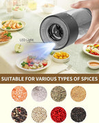 CIRCLE JOY Electric Salt and Pepper Grinder Set Automatic Salt and Pepper Grinder Set with Easy-to-Carry Charging Base and LED Light, Adjustable Coarseness, USB Rechargeable, Washable Container, Black