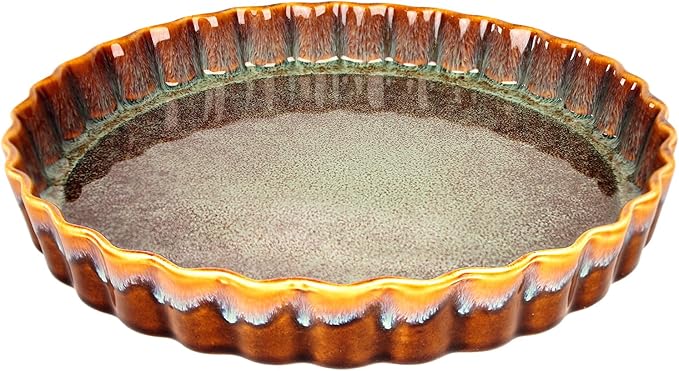11.6 Inch Large Quiche Tart Pans Pan, 1.4 Qt Ceramic Au gratin pans, Fluted Ruffled Edge for Quiche Baking Dish/Pie Pan - Microwave Freezer Dishwasher Oven safe - Great Gift for Bakers