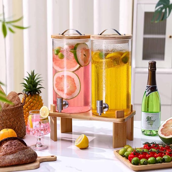 2 PCS Glass Drink Dispenser Set 1.5 Gallon With Stand, Spigot, Large Water Drink Dispensers for Parties for Lemonade, Juice, and Wedding, Bars