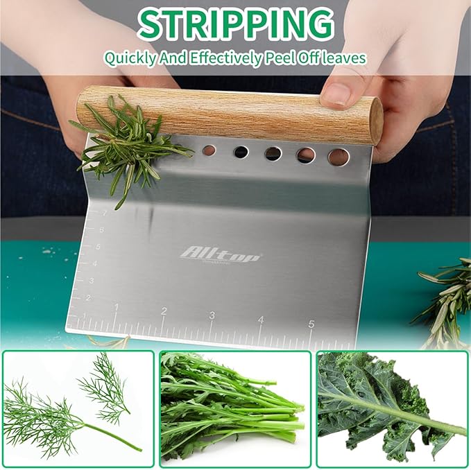 ALLTOP Dough Bench Scraper/Cutter/Chopper Stainless Steel Blade with Herb Stripper,Multipurpose Kitchen Pastry Tool with Scale Ruler - Leaf Remover - 1 Pack