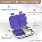 Stainless Steel Bento Box Kids, 3 Compartments Leak Proof Metal Bento Lunch Box, 304 Stainless Steel Bento Lunch Containers for School and Office,Dishwasher Safe, BPA-Free-Purple