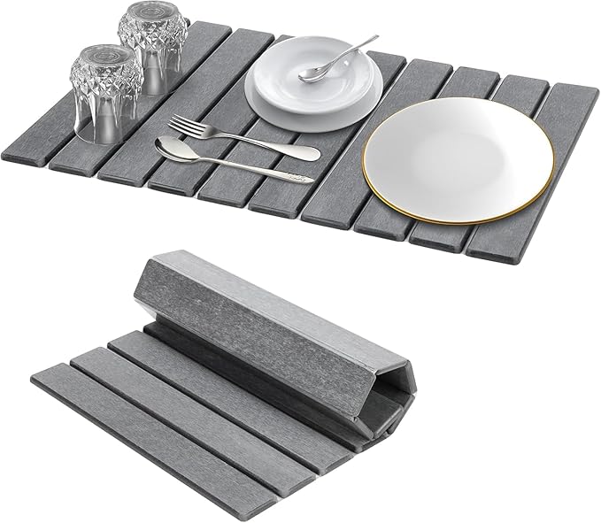 Large Stone Dish Drying Mat for Kitchen Counter, 24"(L)×16"(W) Quick Dry Stone Dishes Mats, Foldable Eco-Friendly Absorbent Diatomaceous Earth Mat for Dishes Bottles Cups, DarkGray