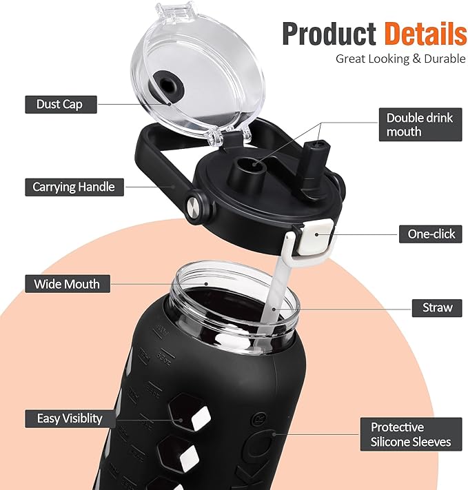 MUKOKO Half Gallon/64 oz Glass Water Bottles with Straw and Lid,Motivational Water Jug with Time Marker Reminder and Silicone Sleeve,100% Leakproof BPA Free Fitness Sports Large Bottle-Black