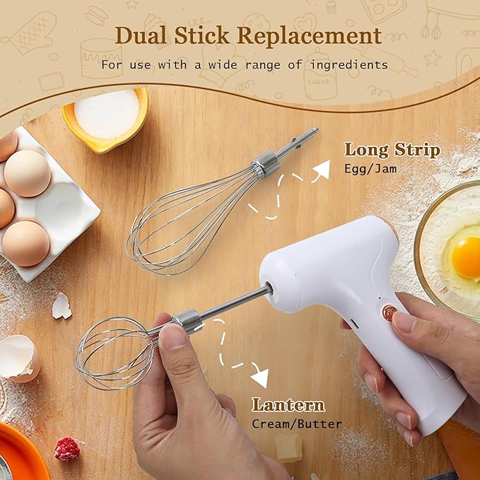 Cordless Hand Mixer, Handheld Electric Whisk with 3 Speed Modes, Hand Held Egg Beater with 2 Detachable Stir Whisks (White)