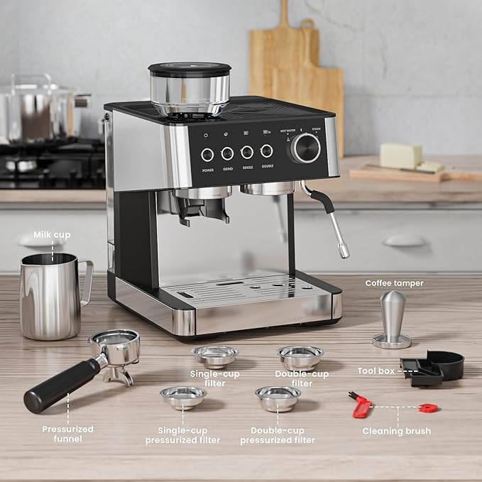 WAA Espresso Machine 20 Bar, Stainless Steel Expresso Coffee Machines with Grinder, Latte & Cappuccino Machine with Milk Frother Steam Wand for Home