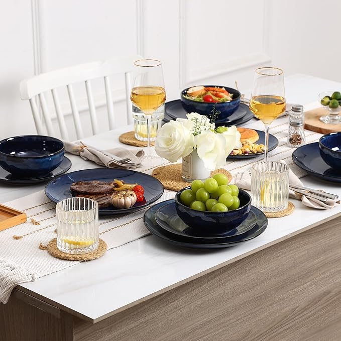 Vicrays Ceramic 12 Pieces Dinnerware Set - Dinner Plates Salad Plates Cereal Bowls Set Service for 4 - Scratch Resistant Microwave Oven Dishwasher Safe - Starry blue