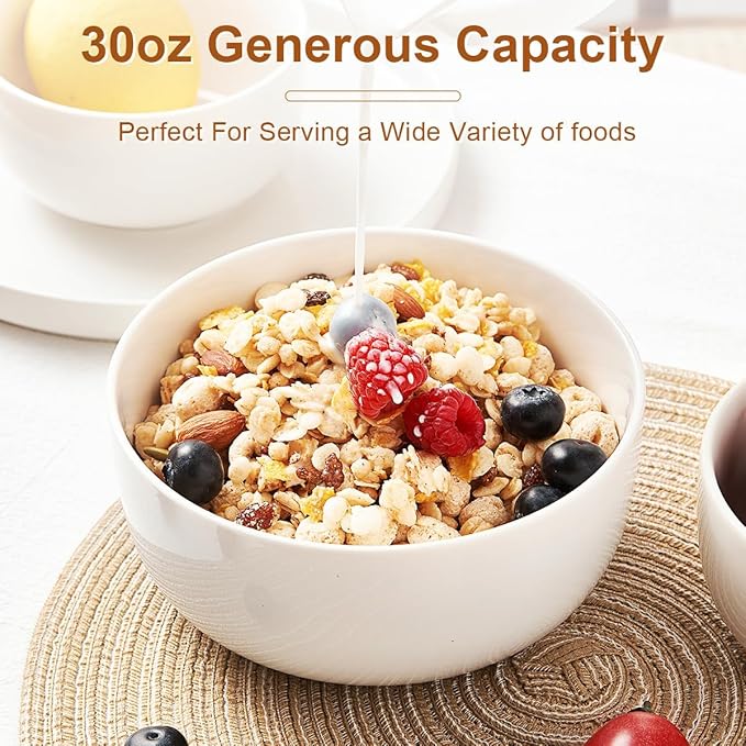 Jassceram Ceramic Soup Bowls Set of 4, 30 Oz Salad Bowls for Kitchen, White Serving Bowl for Cereal, Oatmeal, Fruit, Suitable for Kitchen or Dining - Dishwasher & Microwave Safe, 6 Inch, White