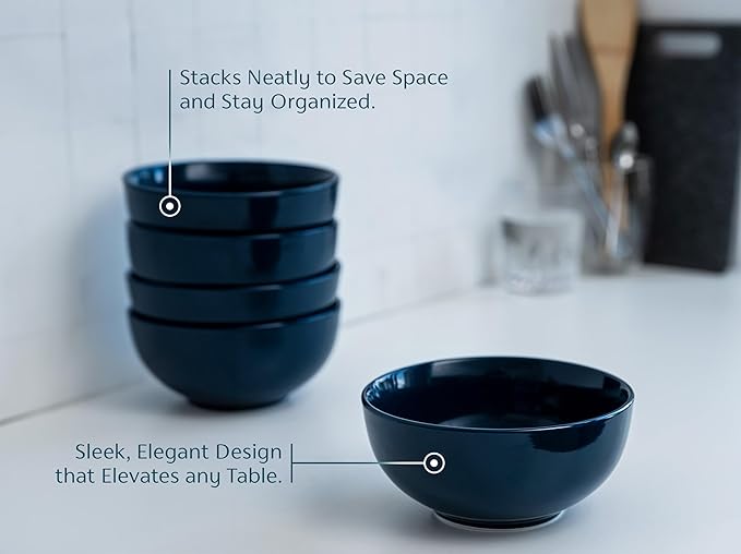 KooK Soup Bowls, Cereal Bowl, Ceramic, Bowls for Kitchen, Microwave, Dishwasher and Freezer Safe, Porcelain Dishes for Pasta, Salad, Oatmeal, Deep Interior, 20 oz, Set of 6, (Navy)