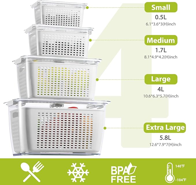 LUXEAR 4 Pack Fruit Vegetable Containers for Fridge, Produce Saver Container with Lids &Removable Colander BPA-free Refrigerator Storage Organizer for Fruit Vegetable, Berry, Meat keep Fresh Longer