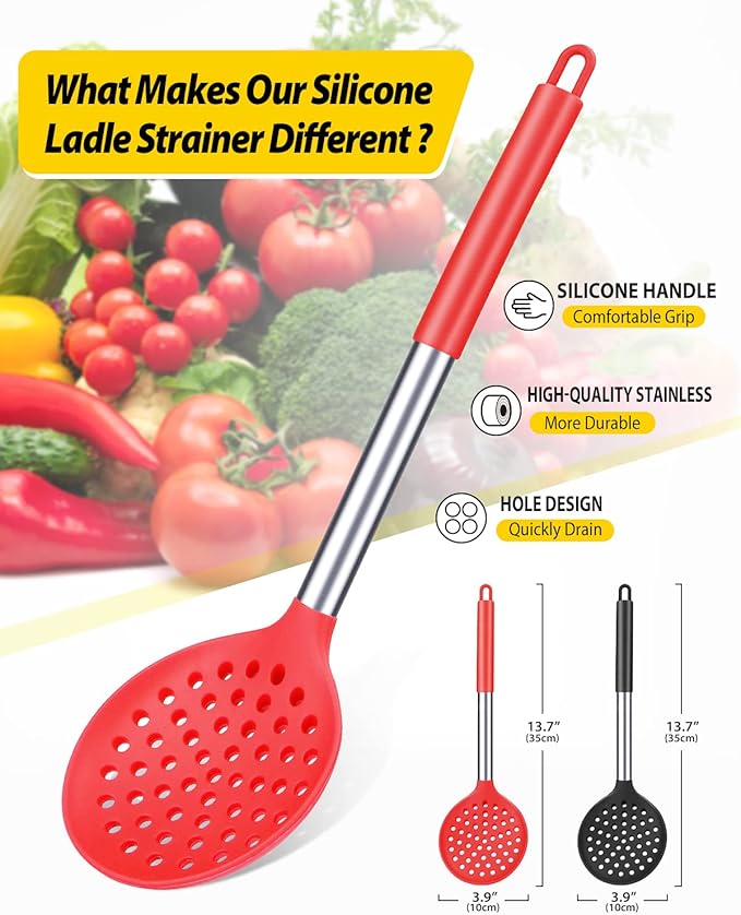 Kitchen Ladle Strainer Set of 2 Large Slotted Spoon with High Heat Resistant BPA Free Non Stick Cooking Skimmers For Draining and Frying (Black and Red)
