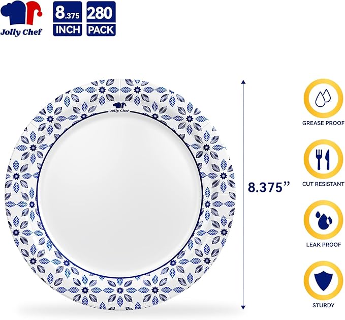 JOLLY CHEF 8.37 inch Paper Plates 280 Count Soak Proof, Cut Proof, Heavy Duty Printed Disposable Plate for Thanksgiving or Everyday Use