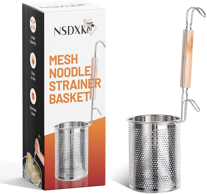 1 Pack Pasta Basket, Stainless Steel Mesh Noodle Strainer Basket with Wooden Handle, for Boiling Food, Pasta, Noodles, Dumpling, Ramen, 4.3''D x 5.7''H