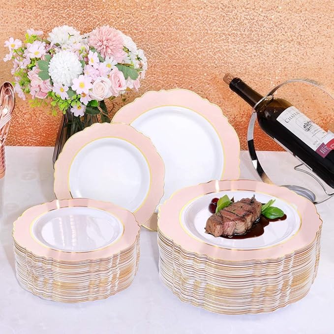 WDF 60pcs Pink Plastic Plates - 10.25inch Baroque Pink And Gold Disposable Dinner Plates for Upscale Parties -Special for Wedding, Party,Birthdays, Baby Shower