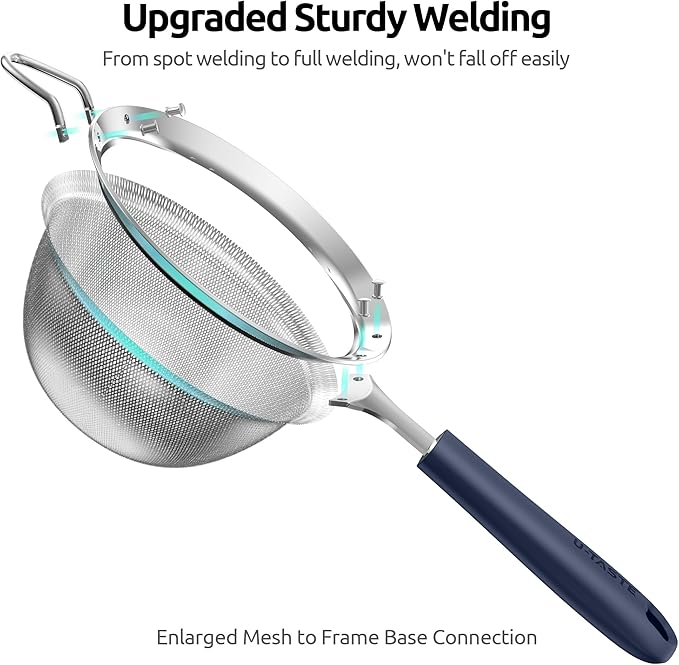 U-Taste Medium Fine Mesh Strainer: 18/8 Stainless Steel 4.73in 30 Mesh Kitchen Food Sieve with Sturdy Riveted Silicone Handle, Heavy Duty Deep Handheld Metal Colander for Rice, Quinoa(Midnight Blue)