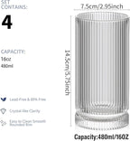 16oz Ribbed Glassware, Vintage Drinking Glasses Set of 4, Cocktail Glass Cups, Elegant Tom Collins Glasses, Highball Ribbed Glasses Ideal for Water, Iced Coffee, Juice, Beer, Milk