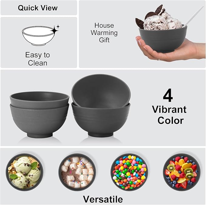 wheat straw small bowls 10oz set of 8 - Unbreakable Dessert Bowls for kids - Mini Bowl Sets for Ice Cream,Snack and Fruits - Microwave & Dishwasher Safe Appetizer Bowls (Deep Grey)
