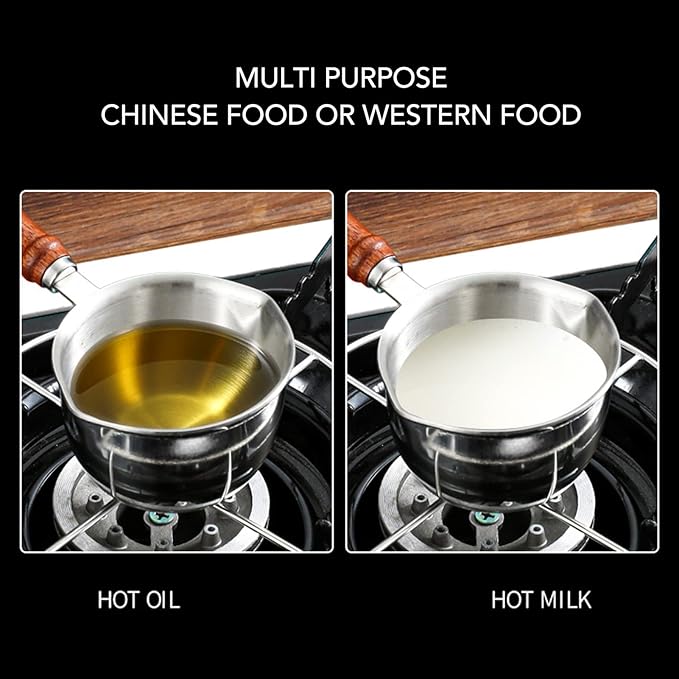 Milk Pot 120ml/200ml Stainless Steel Flat Bottom Butter Melting Pot with Wooden Handle, Mini Sauce Pan Coffee Warmer Pot for Chocolate Melting(120ml)