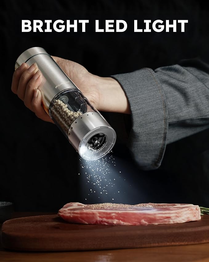 FORLIM Electric Salt and Pepper Grinder Set, Upgraded Washable, Batteries Powered Automatic One-Handed Operation with LED, Adjustable Coarseness Pepper and Salt Grinder Refillable, Stainless Steel