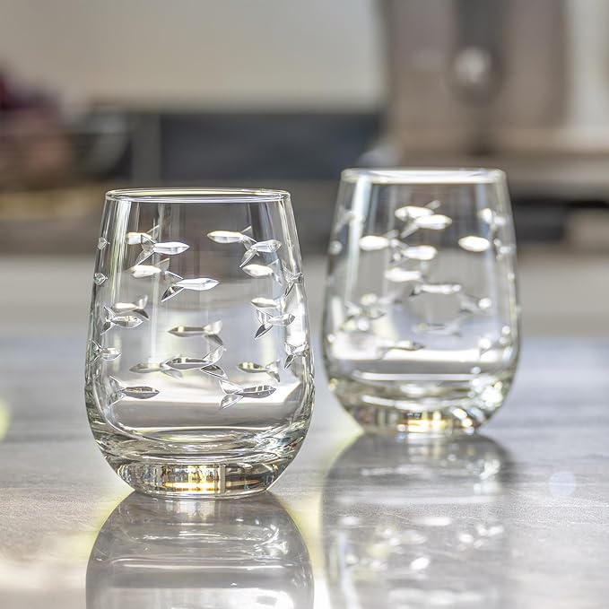 Rolf Glass School of Fish Clear Stemless Wine Glass | Set of 4 Stemless Glasses | 15oz Glass Tumblers | Engraved Lead-Free Coastal Glassware | Made in the USA
