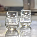 Rolf Glass School of Fish Clear Stemless Wine Glass | Set of 4 Stemless Glasses | 15oz Glass Tumblers | Engraved Lead-Free Coastal Glassware | Made in the USA