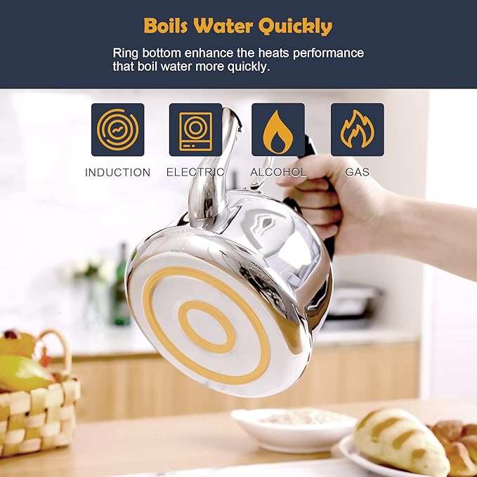 Tea Kettle Stovetop Whistling Teakettle ClassicTeapot Stainless Steel Tea Pots for Stove Top with Heat-resistant Folding Handle Mirror Finish, 2 liters