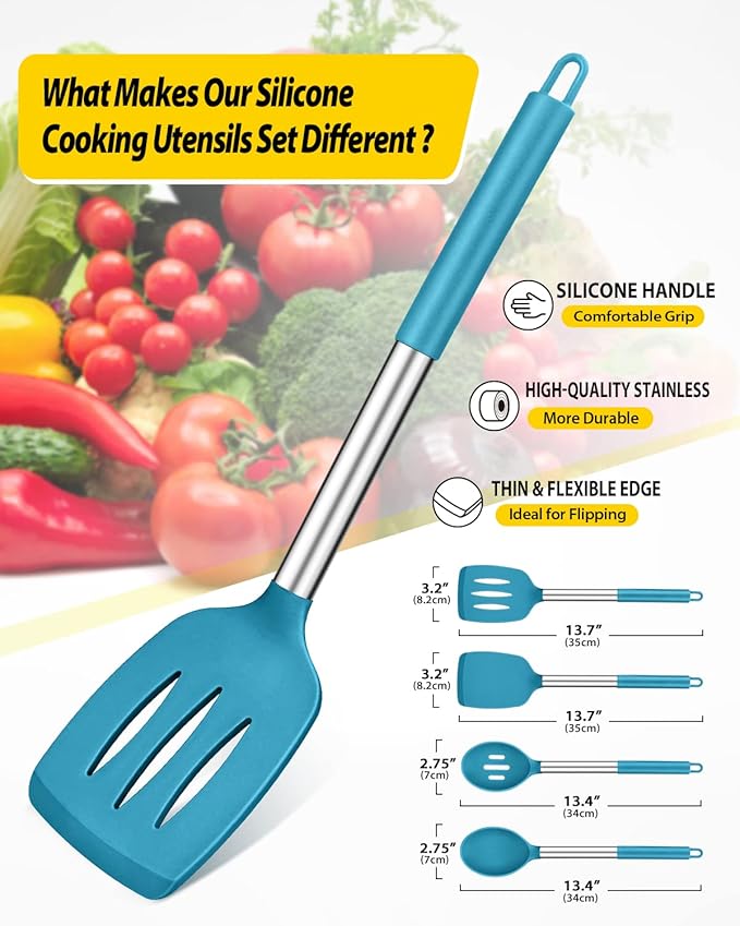 Pack of 4 Silicone Cooking Utensils Set, Non Stick Large Solid Spatulas, Heat Resistant Blue Slotted Spoons, Ideal BPA Free Kitchen Turners for Frying, Mixing,Serving,Draining,Turning,Stirring