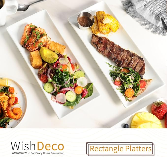 Serving Platters Set of 3, Large Serving Trays 14 inch, White Serving Plates, Ceramic Rectangle Plate, Long Platter for Cake, Sushi, Steak, Dessert, Buffet