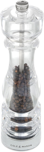 Cole & Mason London Refillable Spice Mill - Kitchen & Home Accessory - Table Black Pepper Grinder - Pepper Mill with Carbon Steel Mechanism - 8", Acrylic