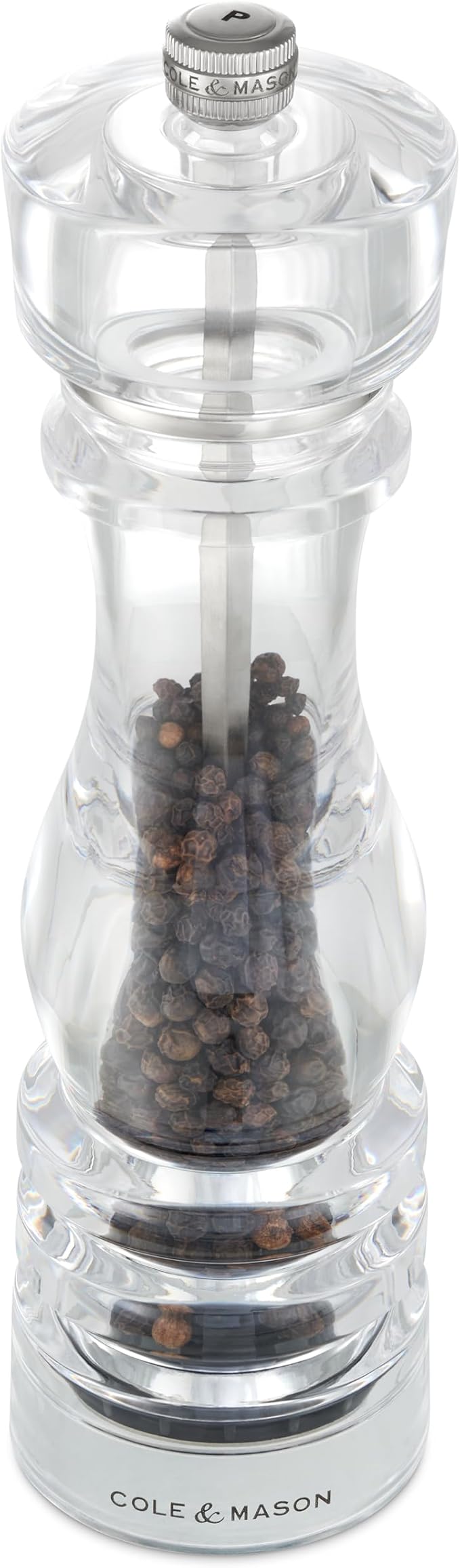 Cole & Mason London Refillable Spice Mill - Kitchen & Home Accessory - Table Black Pepper Grinder - Pepper Mill with Carbon Steel Mechanism - 8", Acrylic